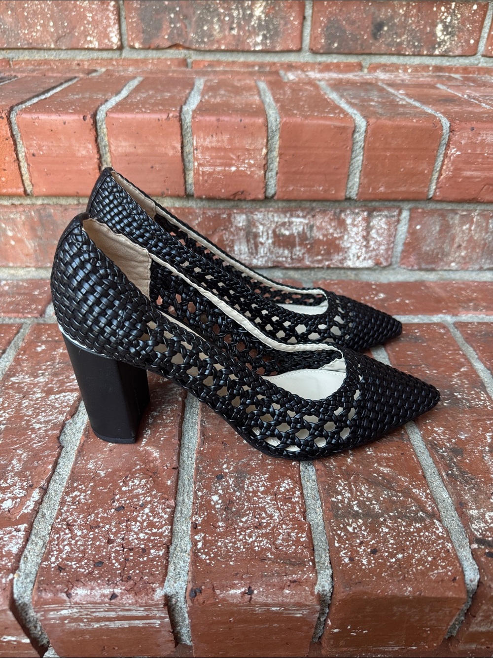 Marc Fisher Viviane Black Woven Pointed Toe Block Heel Pumps Women's Size 6.5